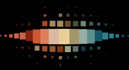 Obraz premium Abstract geometric colorful squares radiating from center creating a dynamic digital data flow pattern on black background