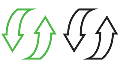 Green and black curved graph arrow icon. Illustration of curved arrows pointing upward and downward in green and black colors, symbolizing exchange, balance, movement, and direction. vector .