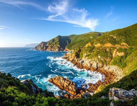 Coastal landscape with dramatic cliffs and a winding road - Powered by Adobe
