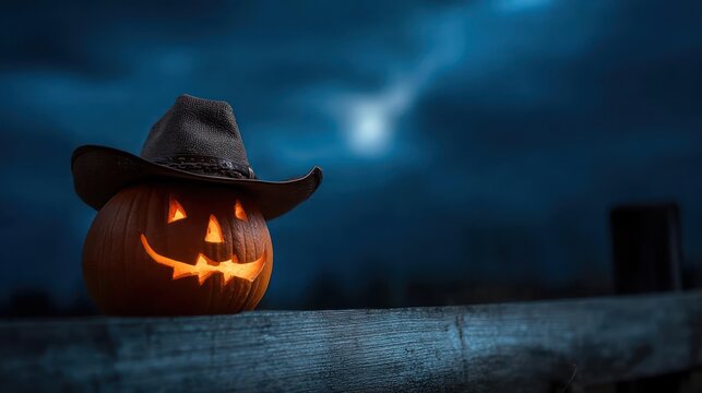 Spooky jack o lantern wearing a cowboy hat illuminated by moonlight on a dark halloween night