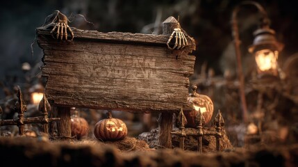 Fototapeta premium Spooky wooden signpost adorned with skeletal hands surrounded by glowing jack o lanterns and a vintage lantern in a dark forest setting