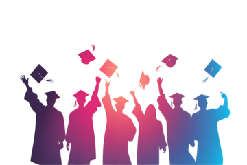 Silhouette of graduating students in caps and gowns throwing their hats in the air with a gradient background Cutout PNG isolated on a transparent background