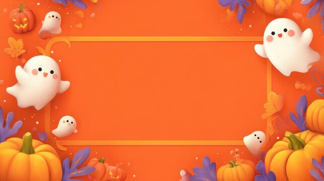 Cute cartoon ghosts and pumpkins frame a vibrant orange background with a central empty space for text
