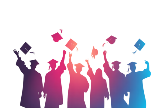Silhouette of graduating students in caps and gowns throwing their hats in the air with a gradient background Cutout PNG isolated on a transparent background - Powered by Adobe