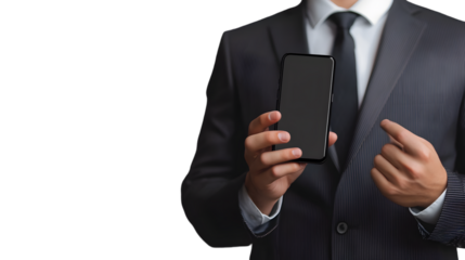 A businessman in a suit holding a smartphone isolated on transparent background, showcasing mobile technology and business communication