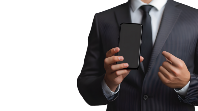 A businessman in a suit holding a smartphone isolated on transparent background, showcasing mobile technology and business communication