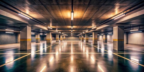 Illuminated Underground Parking Garage with Polished Concrete Floor and Linear Lighting Fixtures