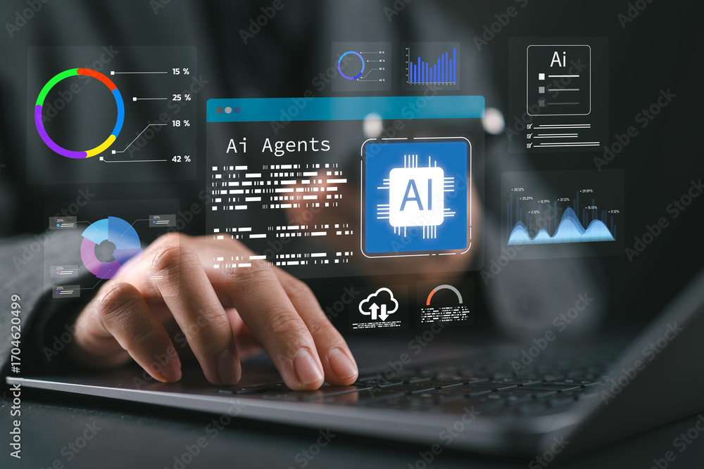 Fototapete artificial intelligence concept with ai agents and data analytics dashboard. businessman working on 