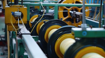 Winding machine with a metallic gray frame and multiple rotating spools, used in a textile or electrical factory to wind yarn, thread, or wires into neat coils for further processing, equipped with te