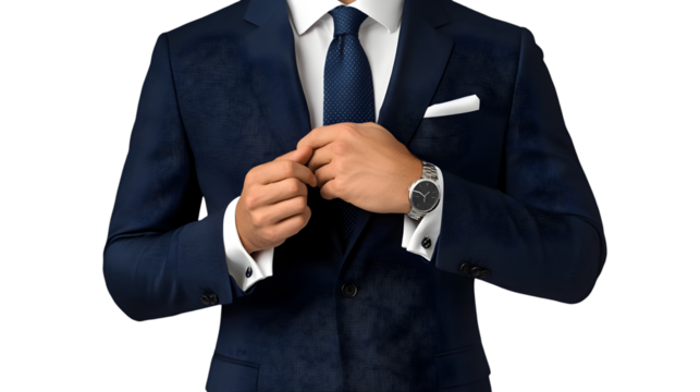Closeup of a stylish man adjusting his navy blue suit, showcasing attention to detail isolated on transparent background