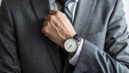 Elegant Businessman Adjusting His Striped Tie.