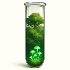 Bioluminescent mushrooms and lush green forest inside a laboratory test tube symbolizing nature and science