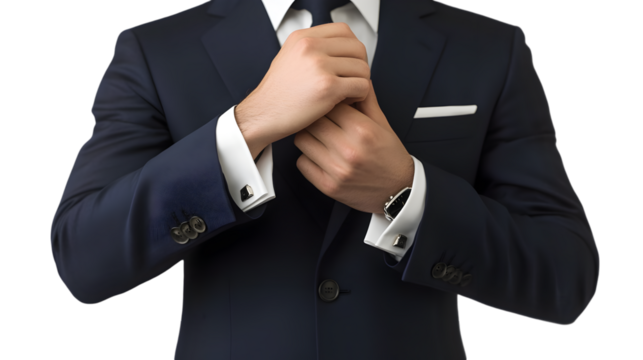 Closeup of a welldressed man adjusting his navy blue suit, exuding sophistication isolated on transparent background