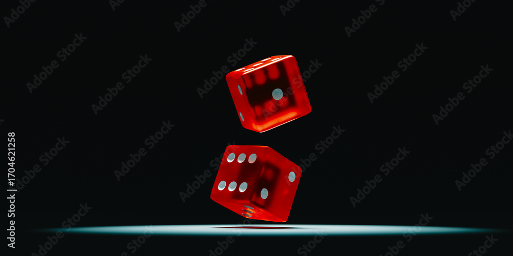 Poster red transparent dice flying in the dark, 3d rendering