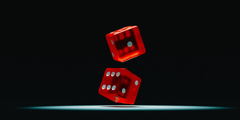Red Transparent Dice Flying in the Dark, 3d rendering