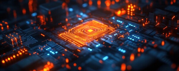 Obraz premium Close-up of a glowing orange and blue illuminated computer circuit board with intricate electronic pathways and components, conveying high-tech innovation and energy