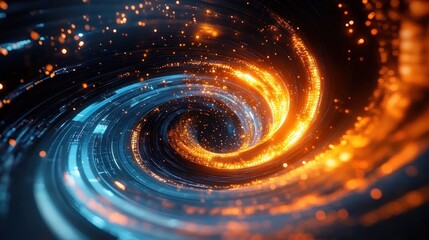 Abstract swirling vortex of glowing orange and blue lights creating dynamic spiral of illuminated particles and digital energy