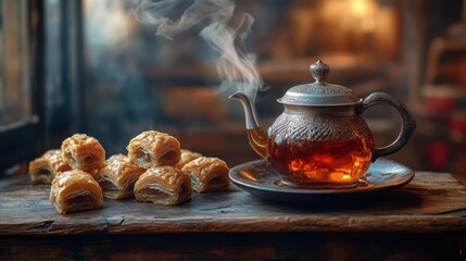 A traditional ornate teapot with steaming black tea sitting on a rustic wooden surface next to a pile of golden flaky pastries
