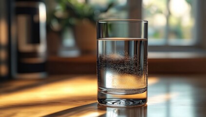 Clear glass half filled with sparkling water resting on a sunlit wooden table with blurred background of window and greenery