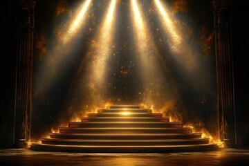 golden illuminated circular staircase bathed in dramatic glowing light beams with sparkling particles in a dark atmospheric setting
