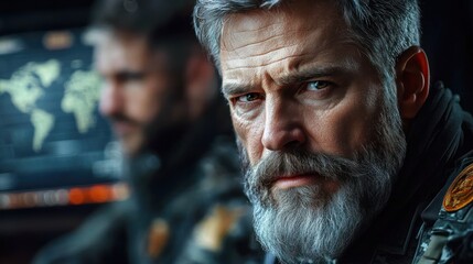 Close-up of two serious military men in tactical gear with focused expressions in a dimly lit command center featuring a blurred world map in the background