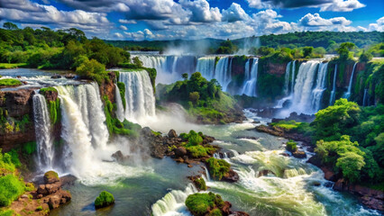 Fototapeta premium waterfalls cascade through lush green forest under bright blue sky