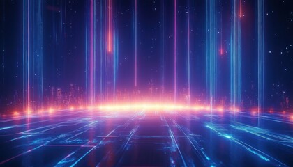 Futuristic glowing digital landscape with bright neon blue and pink vertical light beams and illuminated grid on the floor under a dark starry sky