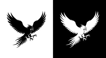 Fototapeta premium Striking black and white illustration of a mythical griffin or phoenix in flight, a powerful symbol of strength, freedom, and rebirth