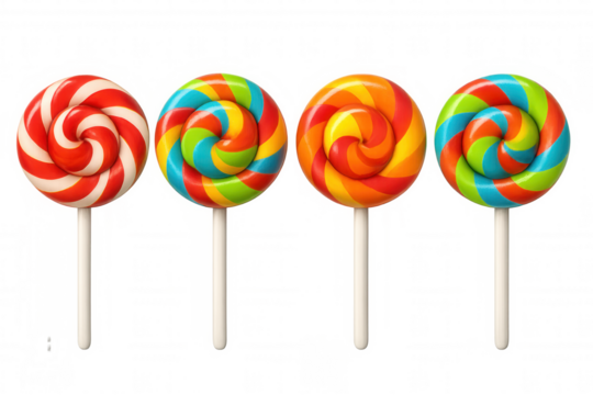 Four vibrant lollipops with swirling colors on a transparent background add a touch of sweetness and fun
