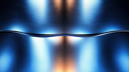 Smooth metallic abstract surface with gentle waves reflecting blue and orange light, creating a futuristic and serene atmosphere