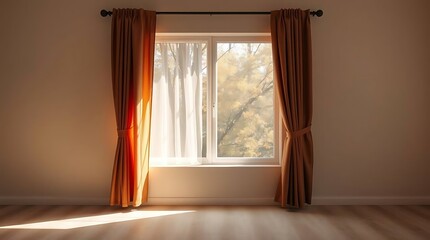 Fototapeta premium Sunlight streams through window with flowing curtains creating a warm inviting and serene atmosphere indoors