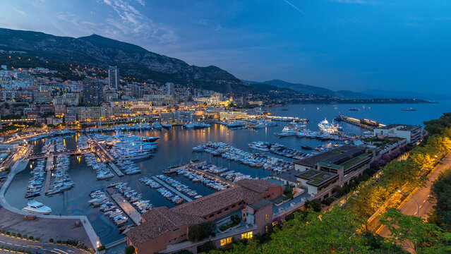 Panorama of Monte Carlo day to night timelapse from the observation deck in the village of Monaco with Port Hercules