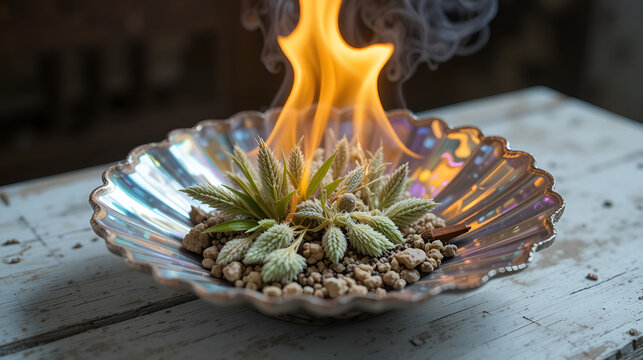 Burning sweetgrass (Hierochloe odorata) and white sage (Salvia apiana) in an iridescent abalone shell on an old white wooden table.