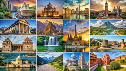 Obraz premium a collage of diverse architectural landmarks and natural landscapes