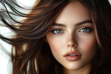 close-up portrait of a young woman with flowing brown hair and green eyes looking calmly and confidently into the camera