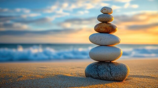 Stack of smooth balanced stones on sandy beach with ocean waves and colorful sunset background, evoking calm and tranquility