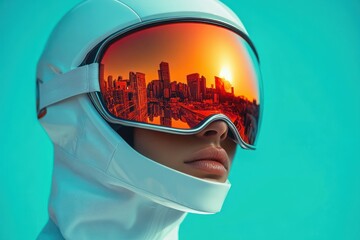 Close-up of a person wearing a futuristic helmet with reflective orange visor showing a city skyline at sunset, against a vibrant turquoise background