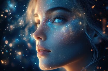 Close-up profile of a young woman with glowing blue eyes and illuminated sparkling particles around her face evoking a magical and dreamy atmosphere