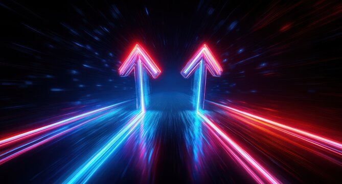 Two glowing neon arrows pointing upward with red and blue light trails on a dark futuristic background conveying speed and direction