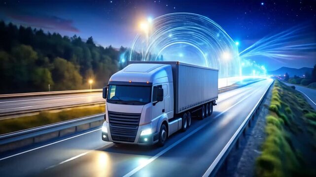Futuristic truck driving on the highway with digital data stream technology seamless animation