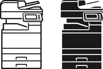 Office copier and printer icons in outline and solid black styles