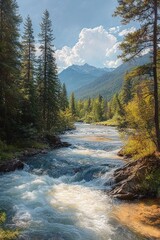 Obraz premium Rushing river flowing through dense evergreen forest with mountain range and cloudy blue sky in the background