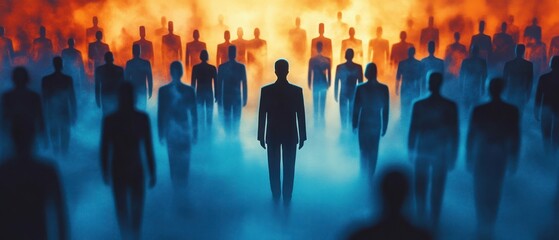 Obraz premium Silhouettes of multiple standing human figures emerging from blue fog with fiery orange background creating an eerie and mysterious atmosphere