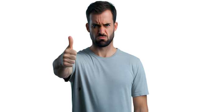 Displeased man with beard showing thumbs up isolated on transparent background, expressing disapproval and dissatisfaction - Powered by Adobe