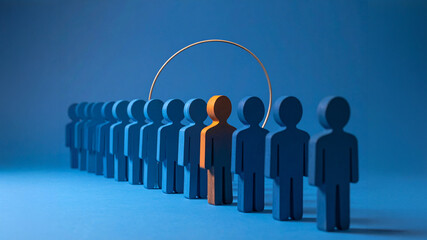 A vibrant orange figure breaks the monotony of a line of blue human silhouettes, highlighted by a subtle golden circle. This symbolizes individuality, leadership, and uniqueness in a corporate or soci