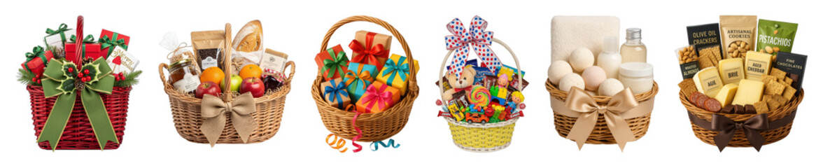 Gift basket set including Christmas, food, birthday, kids, spa, and gourmet varieties isolated. Holiday and celebration collection. © PixeloAI