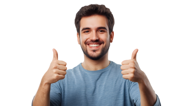Cheerful young man giving thumbs up isolated on transparent background, expressing positivity and approval with a smile