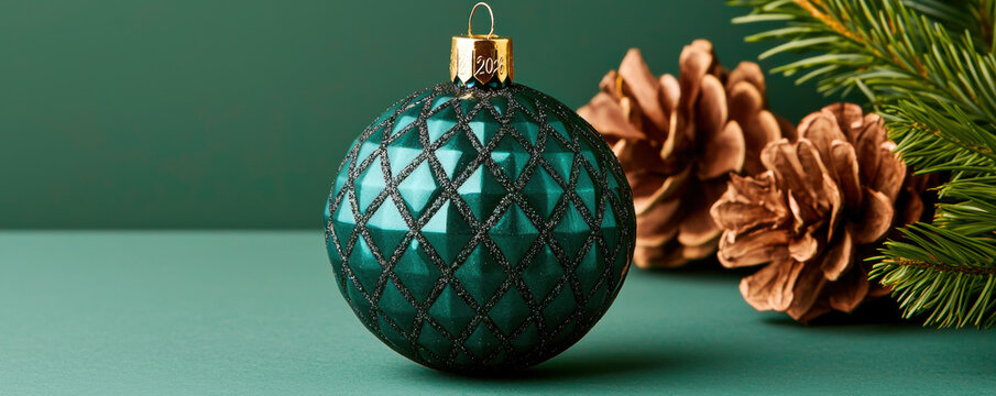 Green geometric Christmas ornament with glitter pattern, pine cones, and fir branches on green background, festive and elegant holiday decor