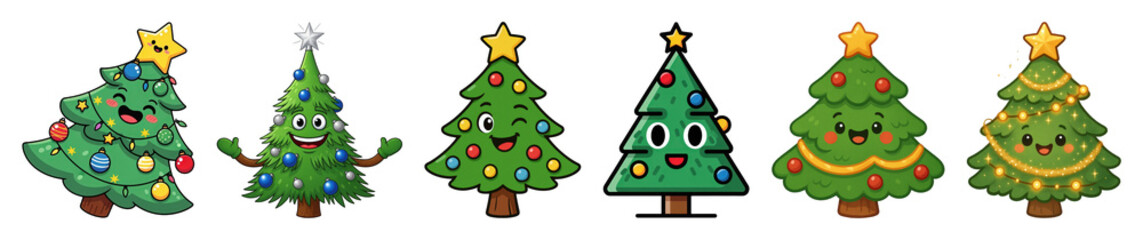 Christmas tree set including cheerful, winking, smiling, happy, and festive cartoon characters isolated. Holiday greetings and seasonal decorations.