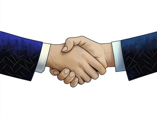 Close-up illustration of two hands in a firm handshake wearing dark blue business suits, symbolizing agreement and cooperation
